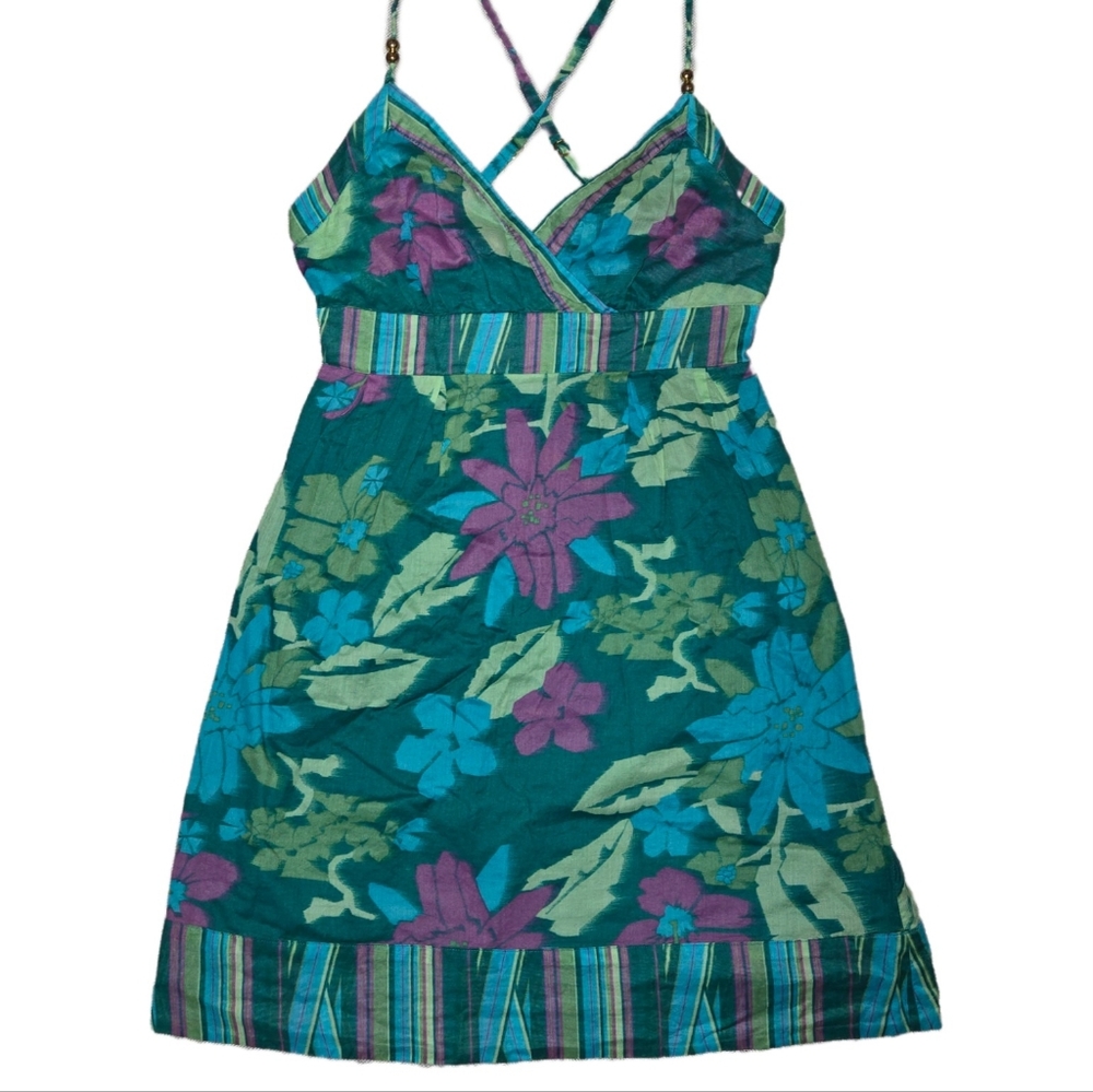 Guess Jeans Mini Dress Green Purple Blue Tropical Floral And Stripes Size 1